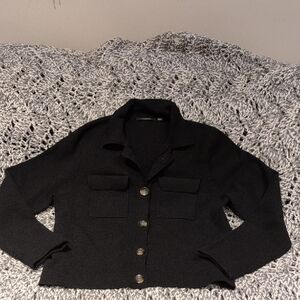 326 - Tahari Black Button Front Cropped Jacket Wool Blend Utility Style